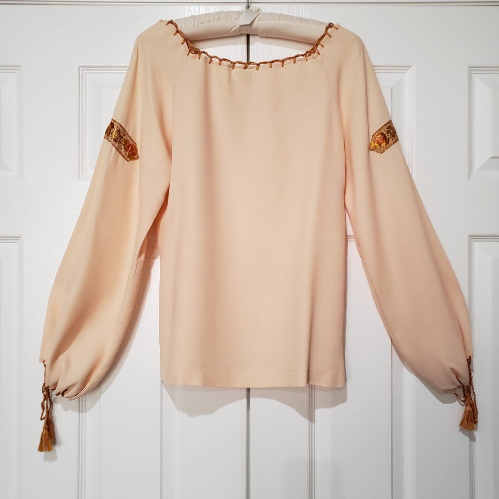 Vintage 1970s Peasant Shirt Gold Trim, Tassel Drawstrings, Small - Picture 6 of 8